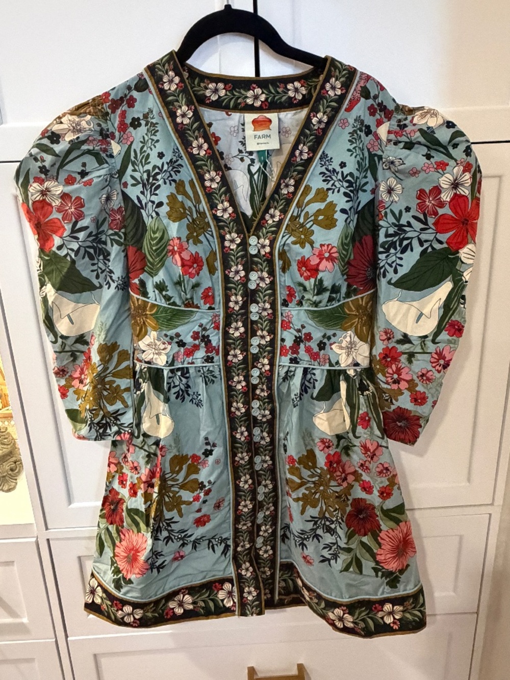FARM Rio Beauty Bouquet Blue Mini Dress Sz S Floral Puff Sleeve NWT - Picture 2 of 8